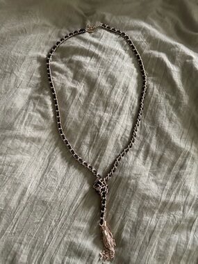 Guess Gold-Tone and Black Braided Chain Necklace with Tassel